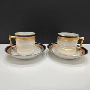 Set(2) Limoges Porcelain Demitasse Cups Saucers Blue Band W/Gold M. Guerin & Co - Picture 1 of 17