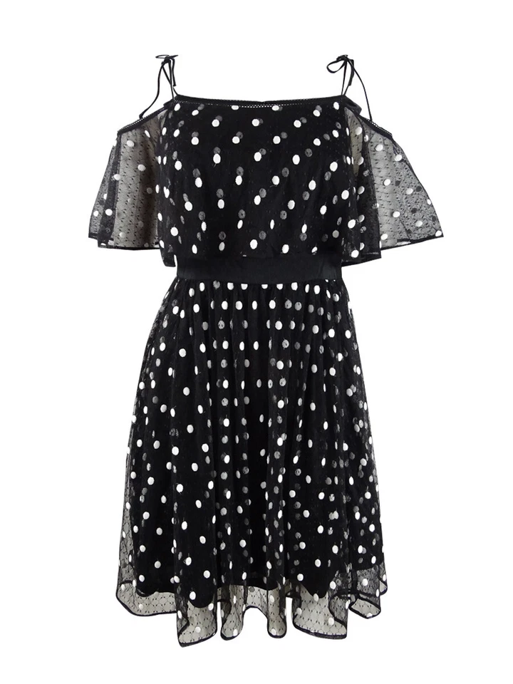 Adrianna Papell Womens 1175 Black Polka Dot Tie Shoulder Sheer Dress 10