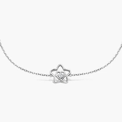 Браслет с брелоками круглой огранки с натуральным бриллиантом звездой в сердце 7,5 дюйма из чистого серебра - Изображение 1 из 4