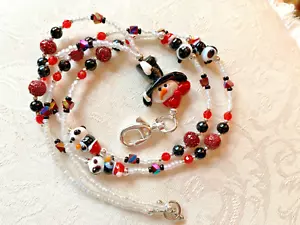 HAND CRAFTED Winter SNOWMAN Beaded Lanyard 38" "LET IT SNOW" 19" Neck To Bottom - Picture 1 of 5