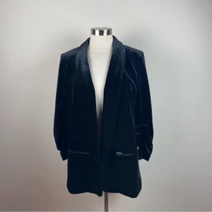 Nine West Solid Black Velvet Open Front Collared Blazer Jacket Women Large - Picture 1 of 8
