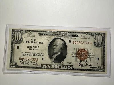 Vintage 1929 $10 Federal Reserve Bank of NEW YORK NY   Brown Seal Crispy - Image 1 of 3