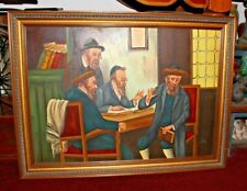 Vintage Jewish Oil Painting On Canvas 4 Rabbis Signed Judaism Hasidic Painting