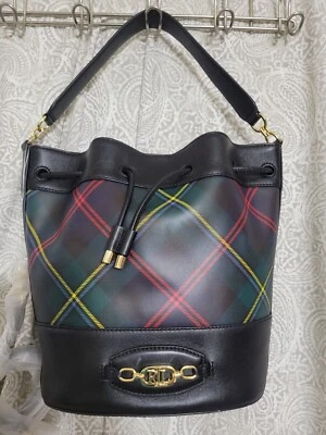 Bolso Ralph Lauren de cuero a cuadros mediano negro con cordón Andie nuevo con etiquetas venta al por menor $425 Foto 1 de 4