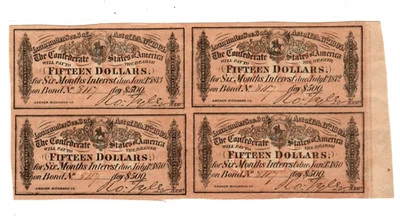 4 X $15 (CONFEDERATE  BONDS)1800'S 4 X $15 (CONFEDERATE) RARE  4 X $15 CRISPY #1 - Image 1 of 2