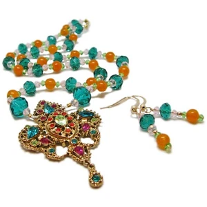 Reclaimed Treasures--Orange Jade & Glass Bead Necklace and Earrings By SoniaMcD - Picture 1 of 12