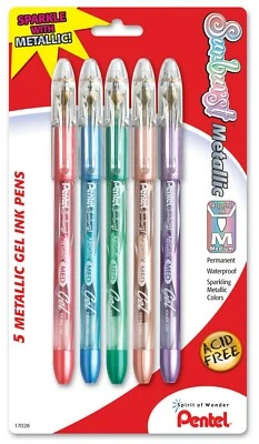 Bolígrafo Gel Metálico K908MBP5M1 Pentel Sunburst, Punta Media, Paquete de 5 Colores Foto 1 de 2