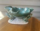 Vintage Chinese Majolica Green Frogs Lily Pad Heavy Ceramic Bowl 8”