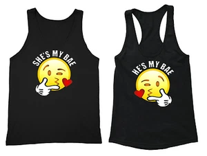 Couples Matching Tanks Emoji He's Bae Matching Couple Vneck + Crewneck Tanktops - Picture 1 of 3
