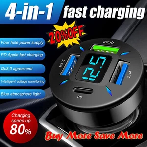Car Charger Quick Charge Cigarette Lighter Adapter C 4-Port N USB C2 A+USB O1T5 - Zdjęcie 1 z 12