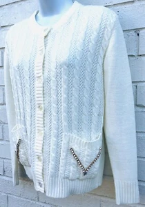 Vintage Sears Upcycled Beige Granny Pocket Embellished Knit Cardigan Top Small - Picture 1 of 5