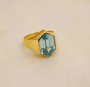 925 Sterling Silver Blue Aquamarine Cut Gemstone Fine Gold Plated SZ8 Men's Ring - Picture 1 of 11