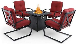 Gas Fire Pit Table Set with Spring Motion Cushion Chairs Outdoor Party Furniture