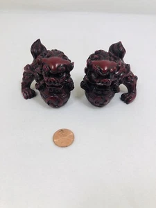 Chinese Foo Dog Lions Figurine Cinnabar Resin 2.5”Pair Of Red Paperweights - Picture 1 of 9