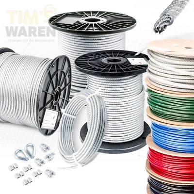 TIM'S WAREN STAHLSEIL ummantelt PVC SET 2 Kauschen 4 Klemmen Seil Seile Drahtseil DIN 2-10mm