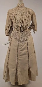 EDWARDIAN CASHMERE DRESS W RICH HANDMADE LACE DETAIL + MOIRE LINED BELL SLEEVE - Picture 1 of 12