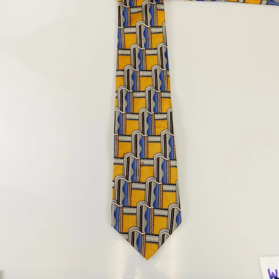 Corbata de cuello Ketch para hombre azul amarillo geométrico Art Deco audaz moderno traje vestido esmoquin Foto 1 de 4