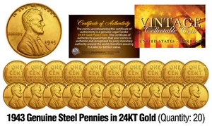 Moneda de un centavo Lincoln Wheat 1943 de acero genuino chapada en oro de 24 quilates (cantidad: 20) - Imagen 1 de 3