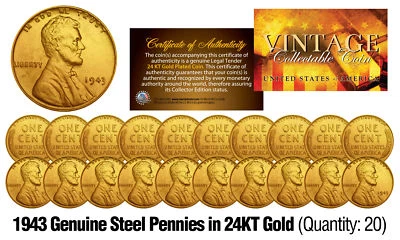 1943 年正版钢二战林肯小麦便士美国硬币 24K 镀金(数量:20) — 第 1/3 张图片