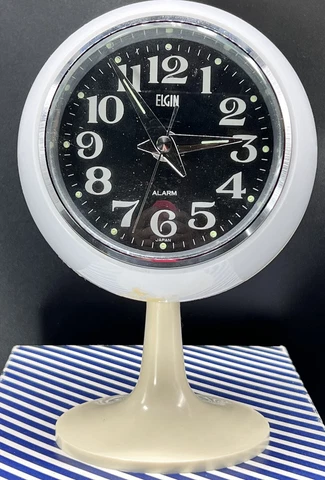 Elgin Space Age Alarm Clock Pedestal Glows Works No 8526 Vintage Original Box! Cover