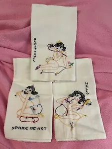 Set Of 3 Risqué Lady Pinup Girls Cotton Embroidered Tea Towels As Is - Picture 1 of 5