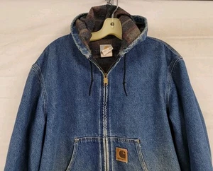 VINTAGE CARHARTT DENIM JACKET ASAP ROCKY BLANKET LINED J08 DST HOODED LARGE - Picture 1 of 7