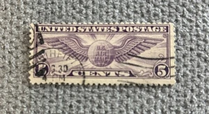 FRANCOBOLLO US SCOTT AIRMAIL C12 "Mappamondo Alato" 5 CENT 1930 USATO - Foto 1 di 2
