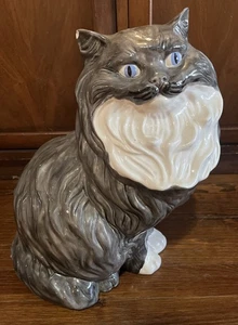 Vintage MCM Persian Large White & Dark Geey Ceramic Cat  Blue Eyes Floor Cat 14" - Picture 1 of 11