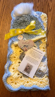blue yellow gray farmhouse  handmade crochet  Baby  blanket & hat set  - Image 1 of 4