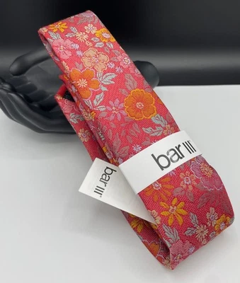 Bar III 男式丝绸混纺领带 ~ 桃子 ~ 开花花卉 ~ 窄 ~ 全新 MSRP:55 美元。 — 第 1/3 张图片