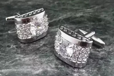 3CT Round Cut Lab Created Diamond Men's Wedding Cufflinks 14K White Gold Finish - Image 1 of 3