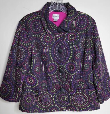 Chaqueta Blazer CHICO'S Talla 1 Bordada Negra Rosa Púrpura Verde Arte BOHO Foto 1 de 4