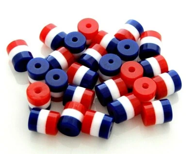 100 USA Red White Blue Stripes Flag Colors 9x8mm Round Cylinder Tube Resin Beads - Image 1 of 3