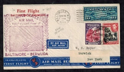 USA Baltimore to Bermuda 1938 First Flight Cover w/ USA 10C & Bermuda 3d, 6d - Image 1 of 2