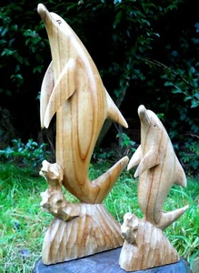 QUALITY WOODEN CARVED FIGURE DOLPHIN Large 50 cm Small 30 cm Natural Colour - Picture 1 of 7