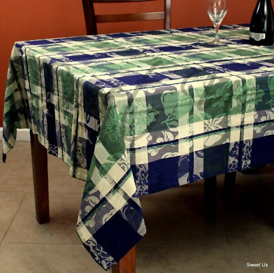 Cotton Plaid Jacquard Grapevine Floral Tablecloth 60x90 Rectangle Blue Green - Image 1 of 3