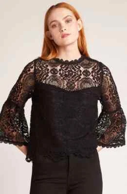BB Dakota Womens Amazing Lace Top XS Black Slight Cropped BellSleeve Semi-Sheer - Image 1 of 4