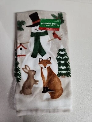 Рождественское хлопковое кухонное полотенце Sleigh Bell Bistro Snowman Fox Bird 16 дюймов x 25 дюймов новое из старых запасов - Изображение 1 из 4