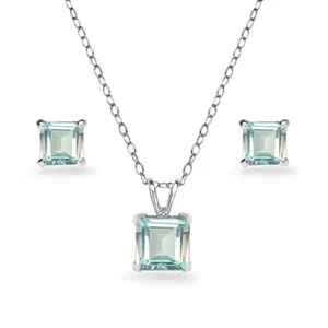 Princess-Cut Solitär Aquamarin Halskette & Ohrstecker Set in 925 Silber - Bild 1 von 3