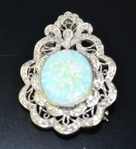 18K WHITE GOLD HUGE FIERY OPAL & DIAMOND BROOCH ENHANCER PENDANT - Picture 1 of 6