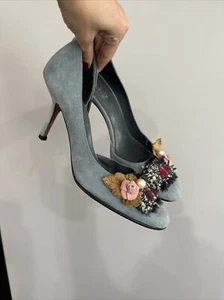 Zapatos de Tacón G.2 Azul Gamuza Cuero Talla 8 Tela Floral Hebilla con Cuentas - Imagen 1 de 11