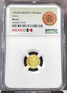 1992 MEXICO 1/20 ONZA GOLD LIBERTAD NGC MS 67 RARE 1/20 OZ GEM BU BEAUTIFUL COIN - Picture 1 of 3