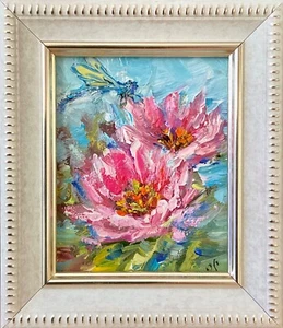 Water lilies Pink Lotus Original oil painting mini art framed  3x2.7inch - Picture 1 of 4