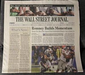 NEW YORK GIANTS 2012 SUPER BOWL XLVI CHAMPS WALL STREET JOURNAL NEWSPAPER - Picture 1 of 2