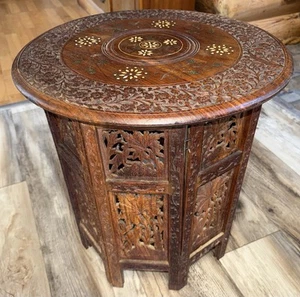 Antique Octagonal Carved Wooden Folding Anglo Indian Side Table 18x17” READ - Picture 1 of 22