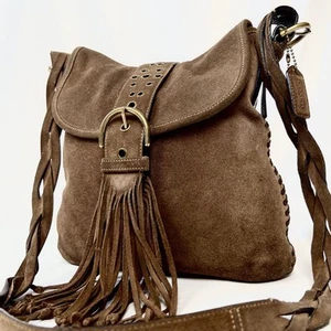 COACH Suede Leather Fringe Studded Shoulder Bag Dark Brown Boho Western Style - Picture 1 of 12
