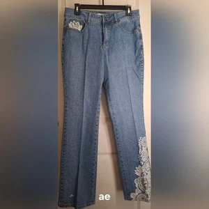 Coldwater Creek Straight Classic Blue Women's Jeans Sz 10 Embroidered FloralBoho - Picture 1 of 9