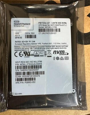 MZWLL3T8HAJQ-000H4 HPE PM1723B 3.84TB U.2 NVMe 2.5'' SSD - Image 1 of 2