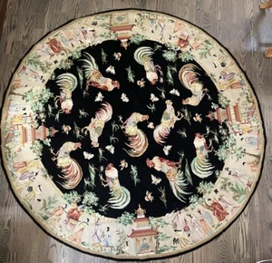 Vintage French Needlepoint Rug 70" (6 ft.) Round Roosters Chickens & Asian - Picture 1 of 24