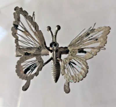 Vintage Trembler Butterfly Moving Wing Silver Tone Glitter Bead Enamel Hair Clip - Image 1 of 4